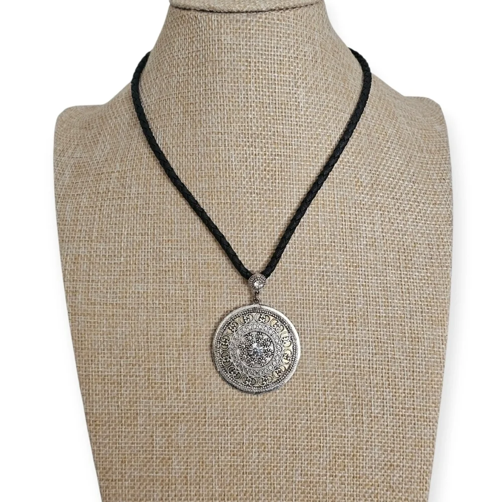 Lia Sophia Silver Medallion Necklace on Black Cord